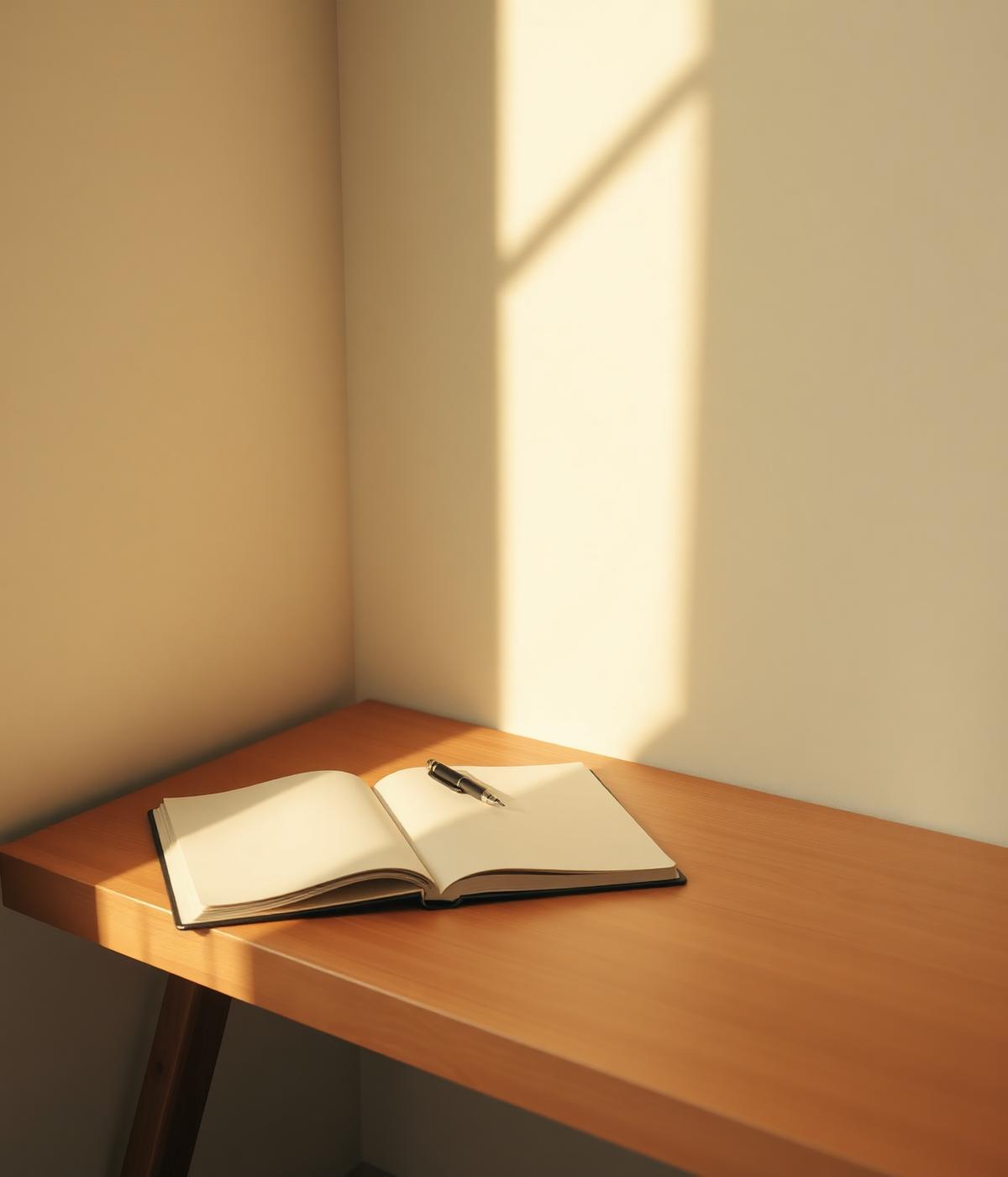 Warm sunlit desk with notebook — the studio at work