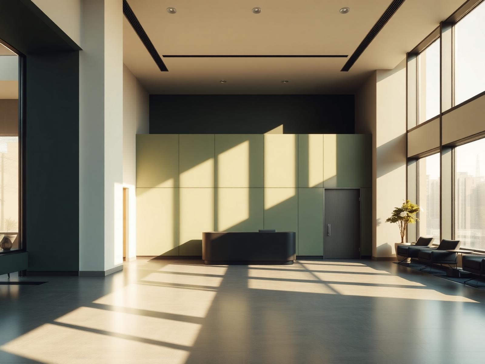 Sunlit modern lobby interior with sage green surfaces